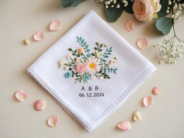 Embroidered Wedding Handkerchief – Custom Floral Hankie for Bride, Bridal Gift, Personalized with Name & Date, Gift for Bride