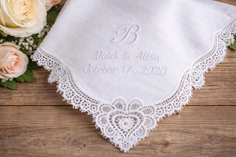 Personalized Wedding Handkerchief Embroidered Name Date Bridal Gift Custom Lace Hanky Bride Keepsake Wedding Gift for Her