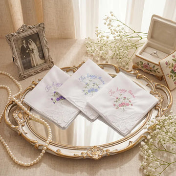 Embroidered Wedding Handkerchief, Personalized Happy Tears Bridal Hankie, Custom Flower Gift for Bride, Mother of the Bride Groom Keepsake