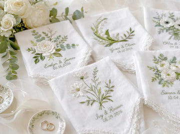 Embroidered Wedding Handkerchief – Custom Floral Hankie for Bride, Bridal Gift, Personalized with Name & Date, Gift for Bride