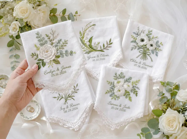 Embroidered Wedding Handkerchief – Custom Floral Hankie for Bride, Bridal Gift, Personalized with Name & Date, Gift for Bride