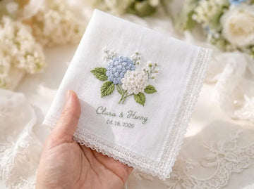 Personalized Blue Hydrangea Wedding Handkerchief, Embroidered Bridal Hanky, Custom Names Date Lace Keepsake Gift for Bride Wedding Gift Idea