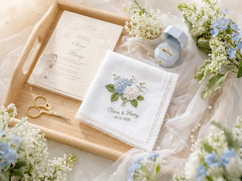 Personalized Blue Hydrangea Wedding Handkerchief, Embroidered Bridal Hanky, Custom Names Date Lace Keepsake Gift for Bride Wedding Gift Idea