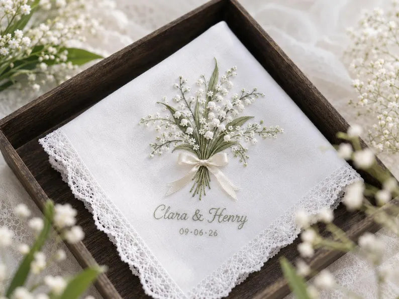 Personalized Embroidered Wedding Handkerchief, Custom Linen Hanky, Lily of Valley Bridal Keepsake Gift for Bride and Groom Mom Dad Keepsakes