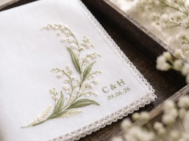 Personalized Embroidered Wedding Handkerchief, Custom Initials Linen Hanky, Lily of Valley Bridal Keepsake Gift for Bride and Groom Mom Gift