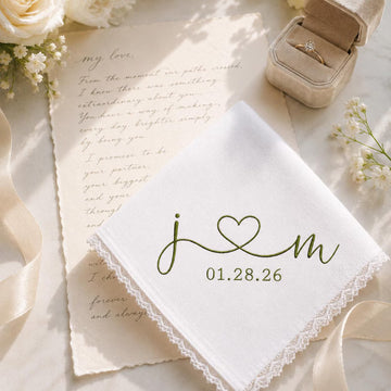 Personalized Wedding Handkerchief, Custom Embroidered Initials Heart Hankie, Bridal Keepsake Hanky, Wedding Vow Gift, Monogram Date Gift