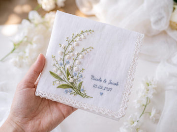 Personalized Lily of the Valley Wedding Handkerchief, Embroidered Bridal Hanky, Custom Names Date Keepsake Gift for Bride Something Blue