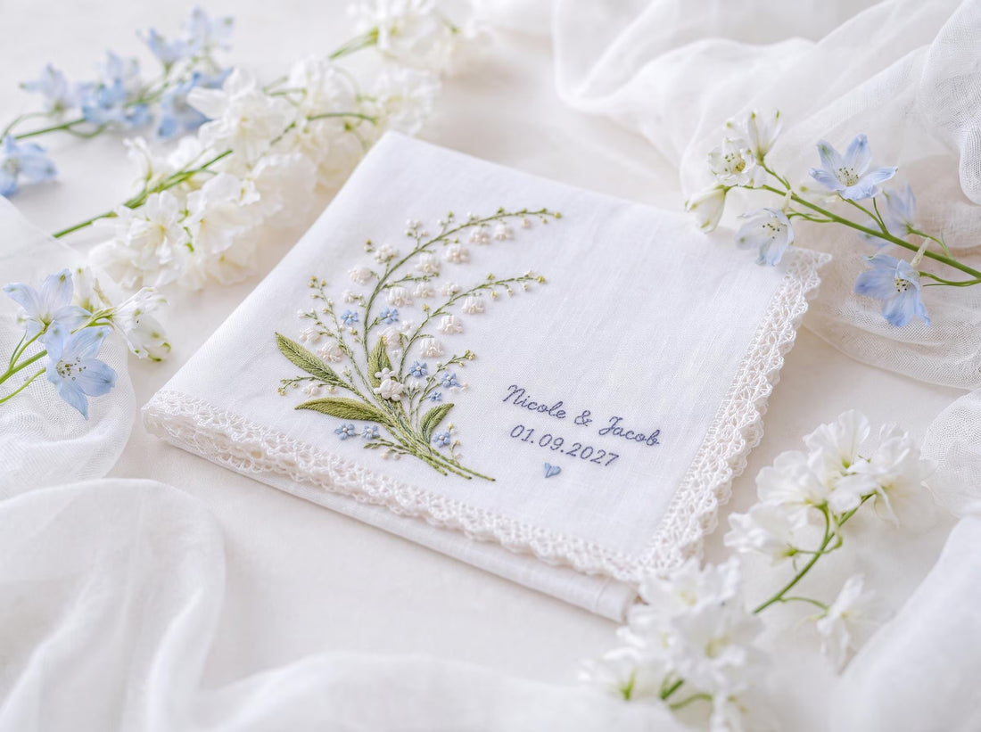 Personalized Lily of the Valley Wedding Handkerchief, Embroidered Bridal Hanky, Custom Names Date Keepsake Gift for Bride Something Blue