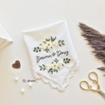 Personalized Embroidered Wedding Handkerchief, Floral Lace Bride Keepsake Gift