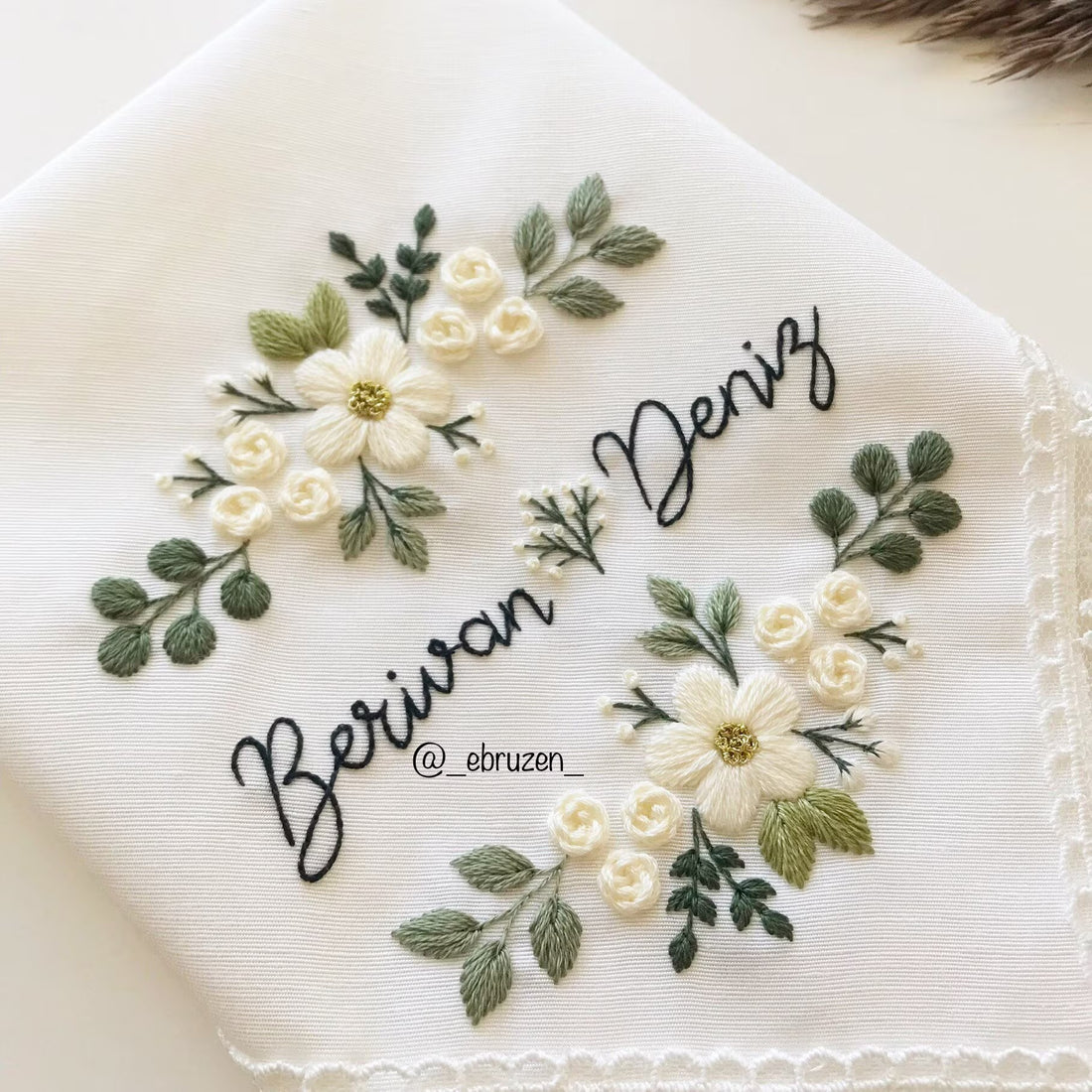 Personalized Embroidered Wedding Handkerchief, Floral Lace Bride Keepsake Gift
