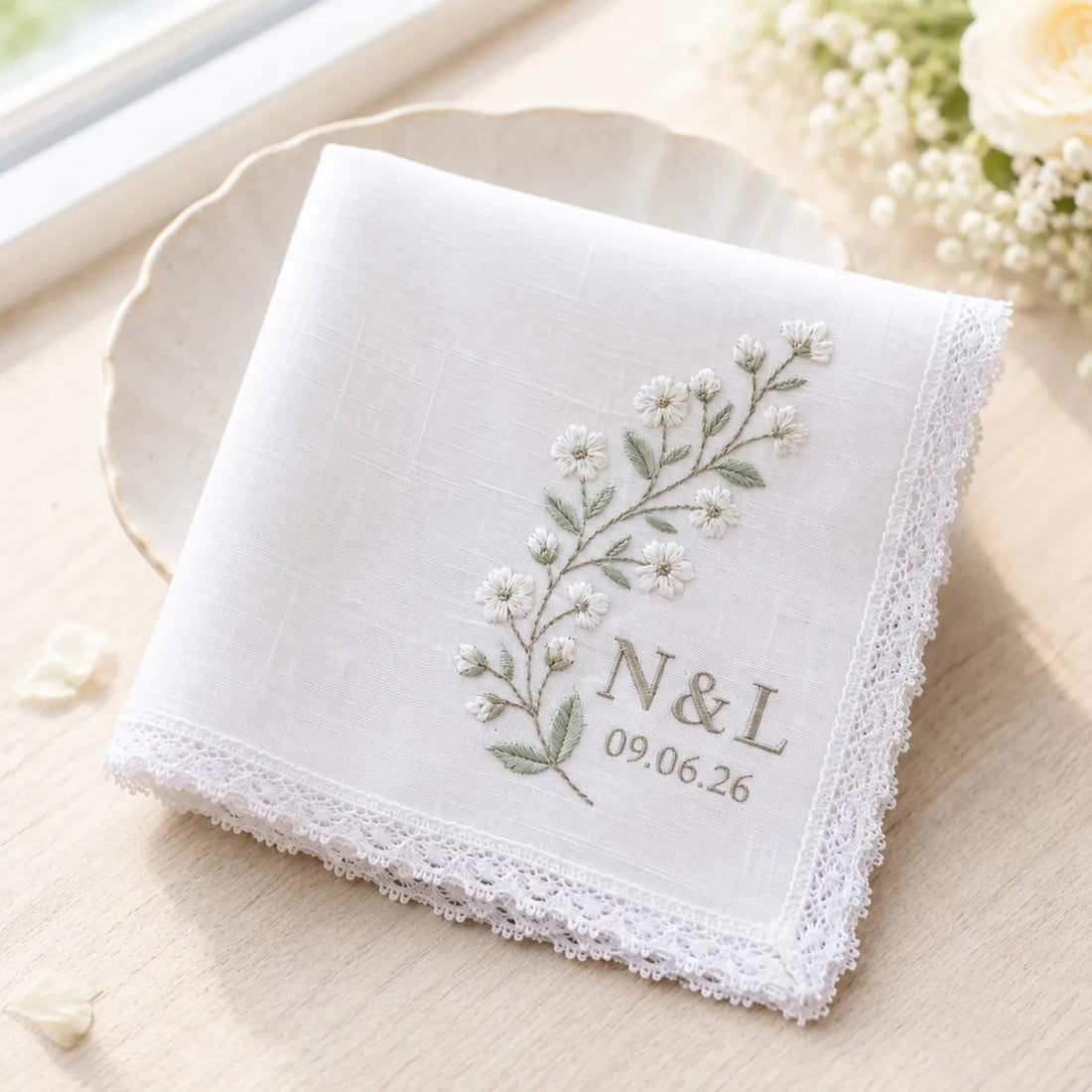 Custom Embroidered Wedding Handkerchief, Custom Initials Linen Hanky, Bridal Keepsake Gift for Bride, Bride To Be Handkerchief