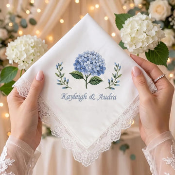 Personalized Embroidered Satin Handkerchief, Blue Hydrangea Wedding Handkerchief, Customized Bride Gift, Something Blue Keepsake