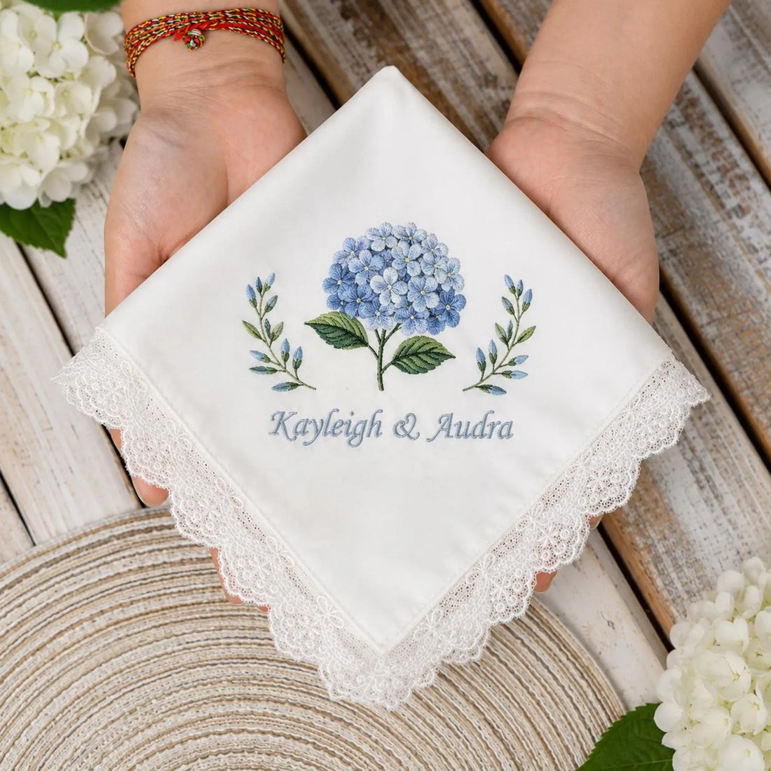Personalized Embroidered Satin Handkerchief, Blue Hydrangea Wedding Handkerchief, Customized Bride Gift, Something Blue Keepsake