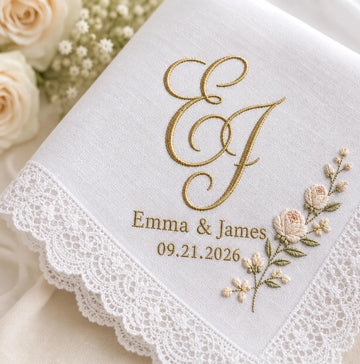 Personalized Wedding Handkerchief, Custom Embroidered Monogram Hankie, Bride Keepsake Gift, Names and Date, Lace Floral Handkerchief
