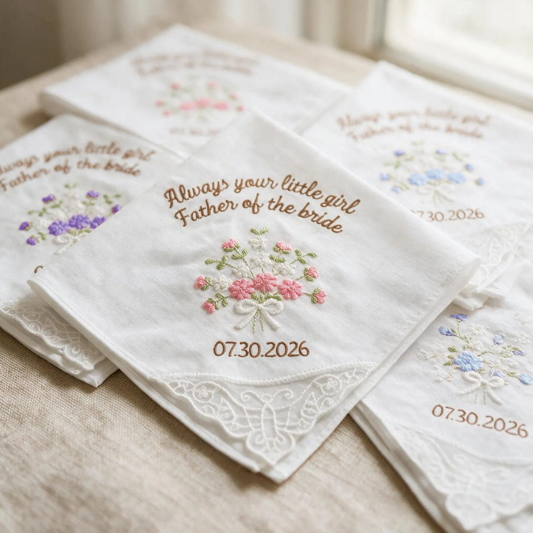 Personalized Embroidered Wedding Handkerchief, Flower Bridal Keepsake Gift for Bride and Groom Mom Dad Keepsakes