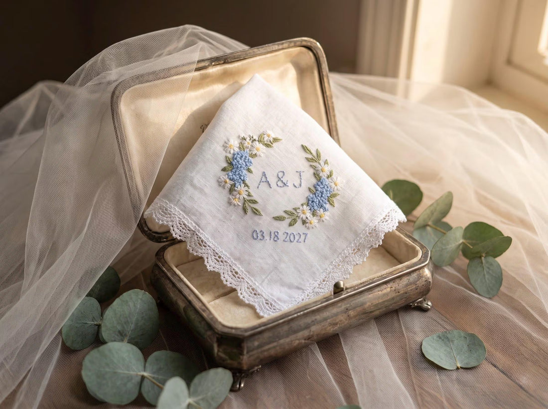 Personalized Linen Handkerchief, Hand-Embroidered Floral Monogram, Wedding Keepsake
