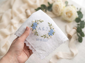 Personalized Linen Handkerchief, Hand-Embroidered Floral Monogram, Wedding Keepsake