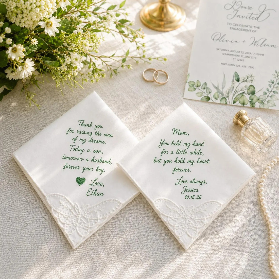 Personalized Handwriting Embroidered Handkerchief, Custom Wedding Gift for Mother of the Bride & Dad, Cotton Lace Keepsake Hankie