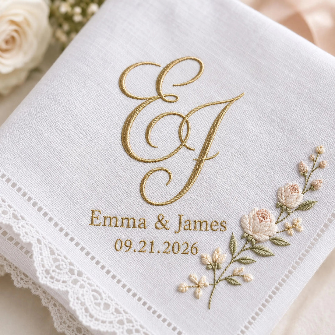 Personalized Wedding Handkerchief, Custom Embroidered Monogram Hankie, Bride Keepsake Gift, Names and Date, Lace Floral Handkerchief