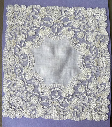 Antique Brussels wedding handkerchief, Point de Gaze pure needle lace Amazing 1800’s rare B