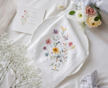 Embroidered Wedding Handkerchief – Custom Floral Hankie for Bride, Bridal Gift, Personalized with Name & Date, Gift for Bride