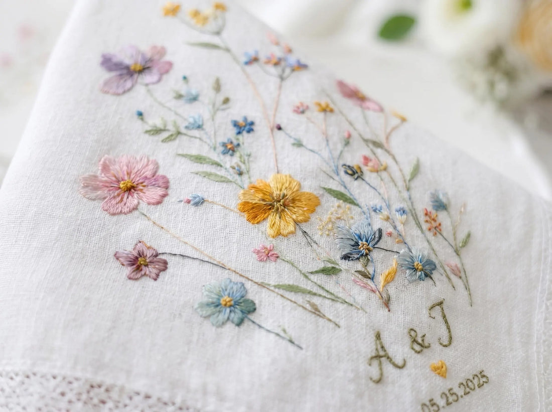 Embroidered Wedding Handkerchief – Custom Floral Hankie for Bride, Bridal Gift, Personalized with Name & Date, Gift for Bride